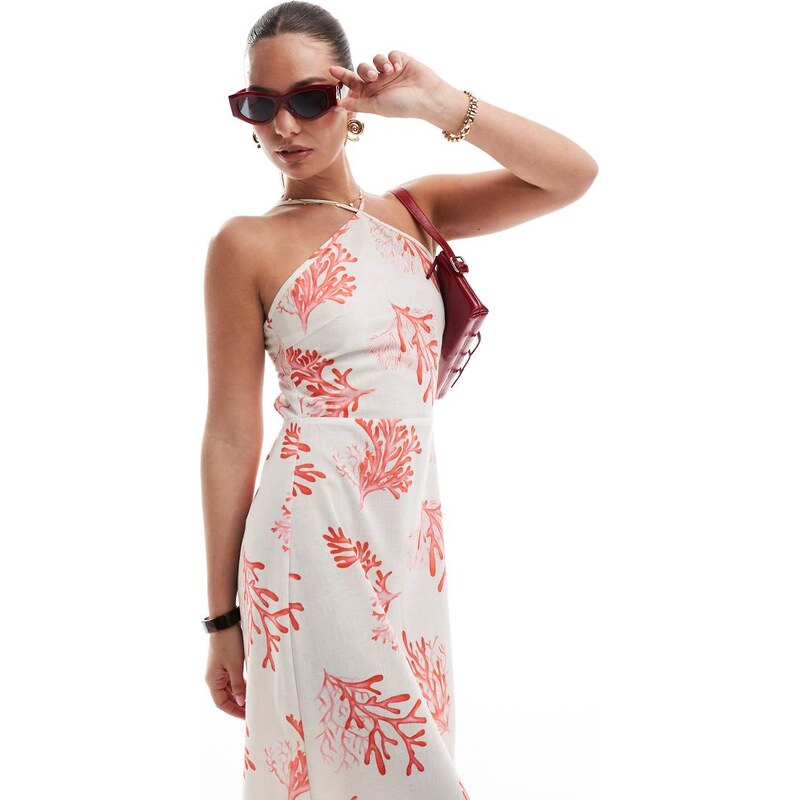 Vero Moda halter maxi dress in coral print-Multi