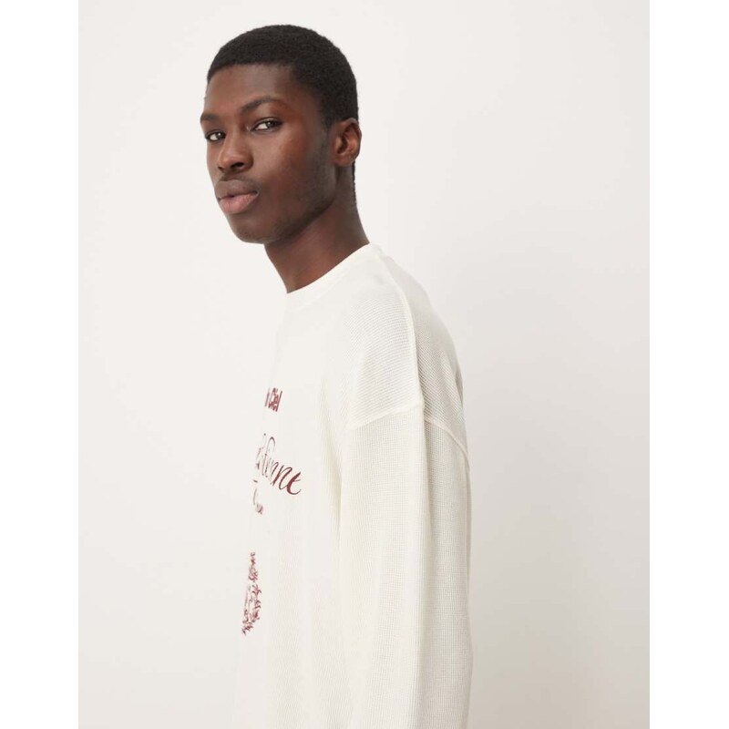 ASOS DESIGN heavyweight oversized long sleeve t-shirt with text graphic in off white waffle-Multi