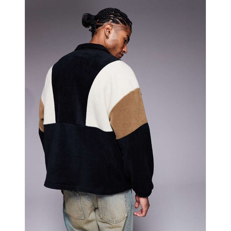 ASOS DESIGN relaxed quarter zip funnel neck fleece sweatshirt with colour block in black