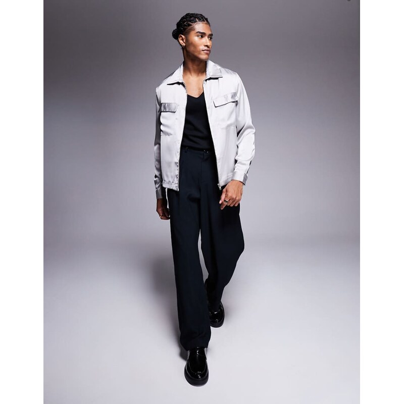 ASOS DESIGN boxy overshirt with patch pockets and zip in grey