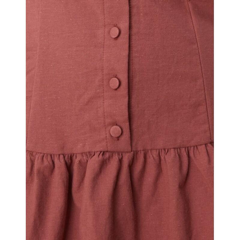 ASOS DESIGN button down dropped waist mini dress with straight neck in washed burgundy-Red