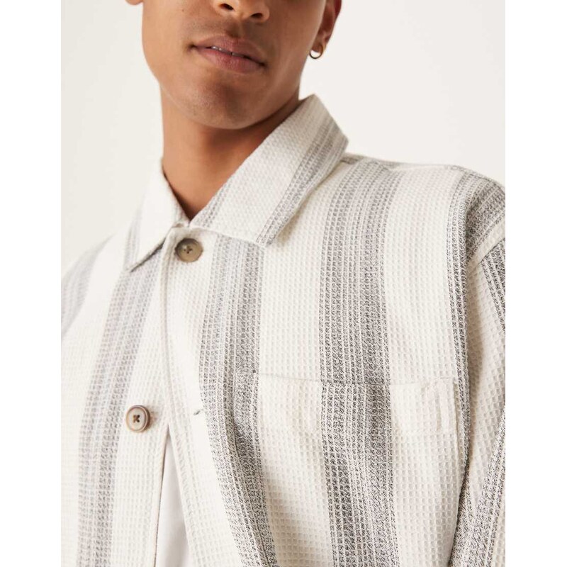 Selected 100% cotton waffle overshirt in white navy stripe