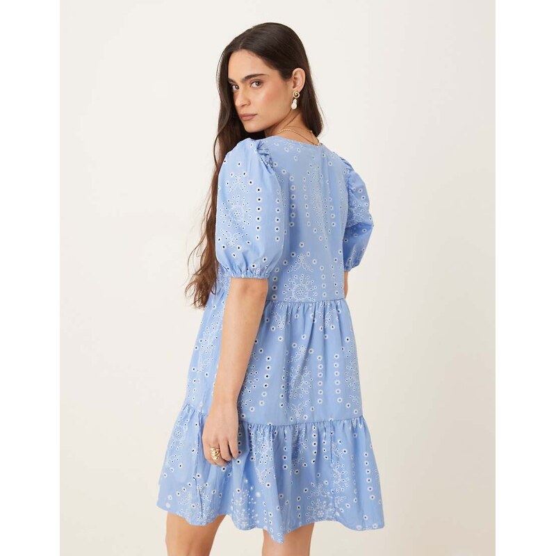 JDY embroidery details tiered mini dress in blue