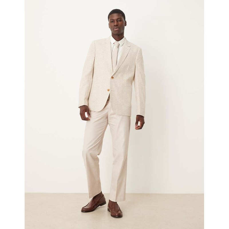 ASOS DESIGN linen blend slim blazer in stone gingham check-Neutral