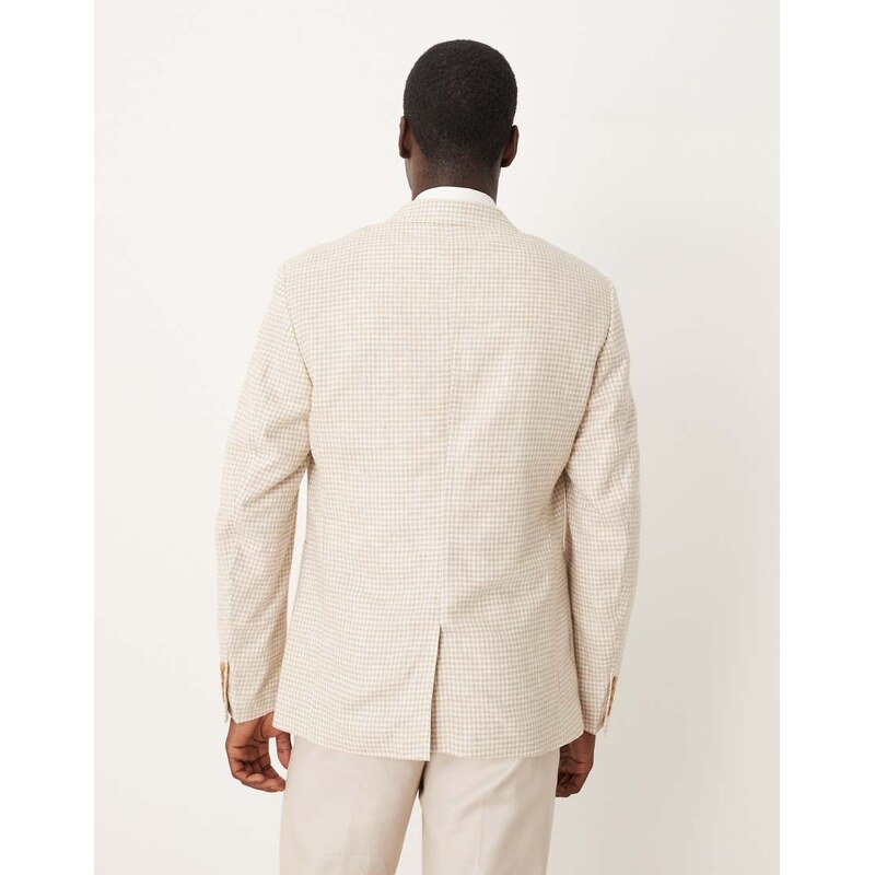 ASOS DESIGN linen blend slim blazer in stone gingham check-Neutral