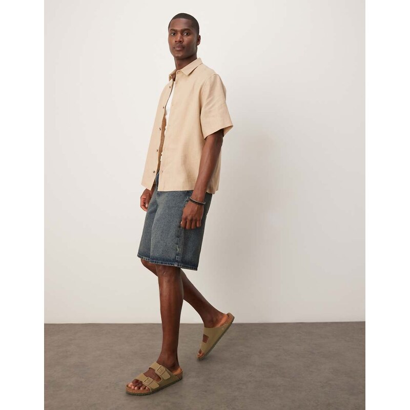 ASOS DESIGN 100% linen boxy regular shirt in sand-Neutral