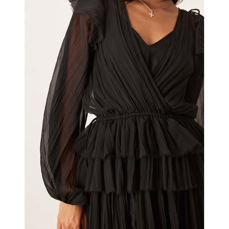 ASOS DESIGN v neck smock mini dress with ruffles in black
