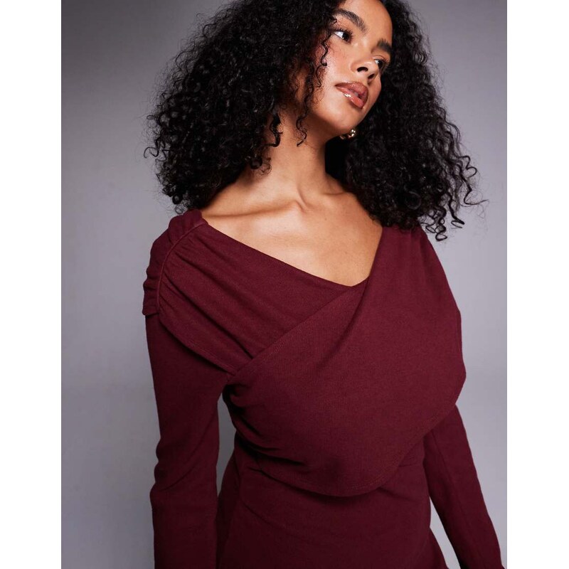 ASOS DESIGN supersoft wrap front mini dress in burgundy-No colour