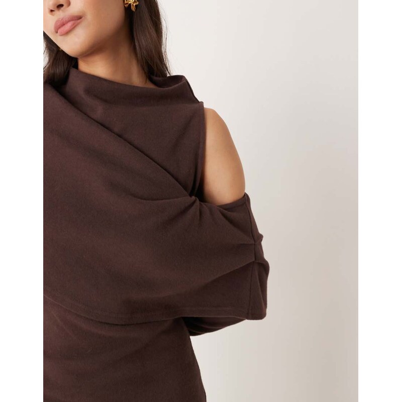 ASOS DESIGN supersoft slash neck draped overlay mini dress in chocolate brown-Neutral