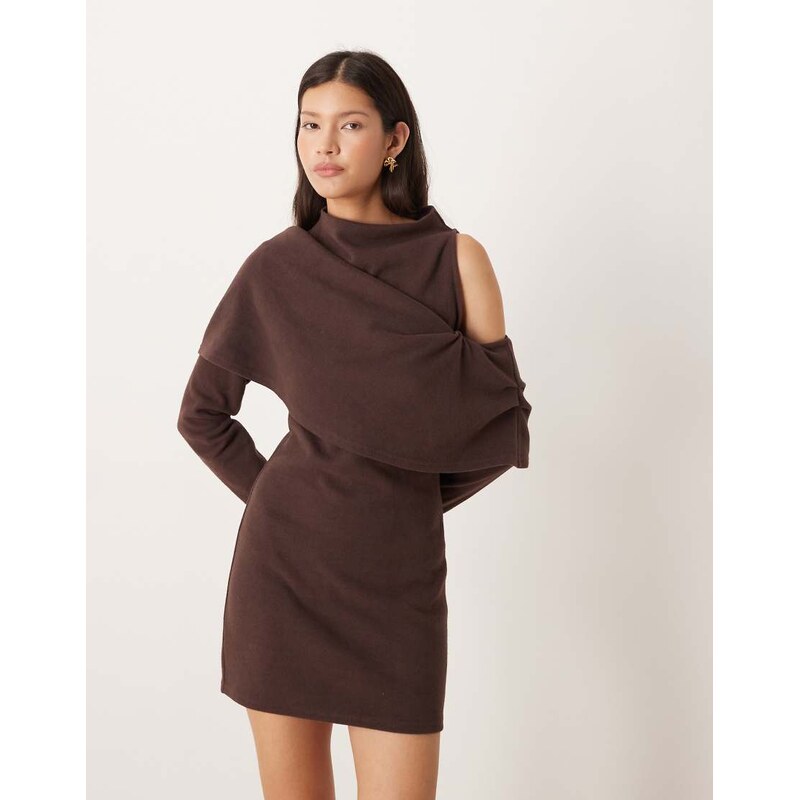 ASOS DESIGN supersoft slash neck draped overlay mini dress in chocolate brown-Neutral