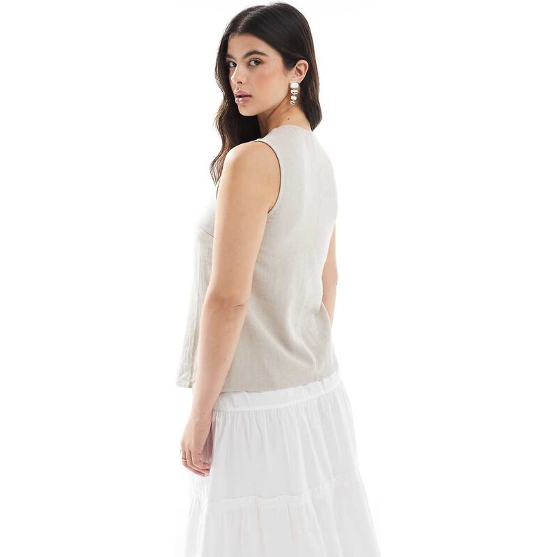 ASOS DESIGN linen look asymmetric button front waistcoat in stone-Neutral