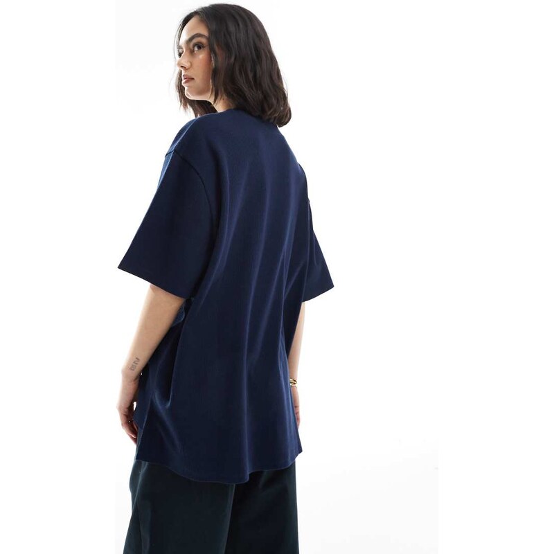 ASOS DESIGN oversized heavy weight t-shirt with side splits in waffle in navy