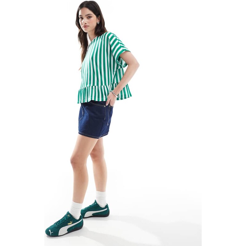 ASOS DESIGN boxy short sleeve linen look peplum t-shirt in stripe-Multi