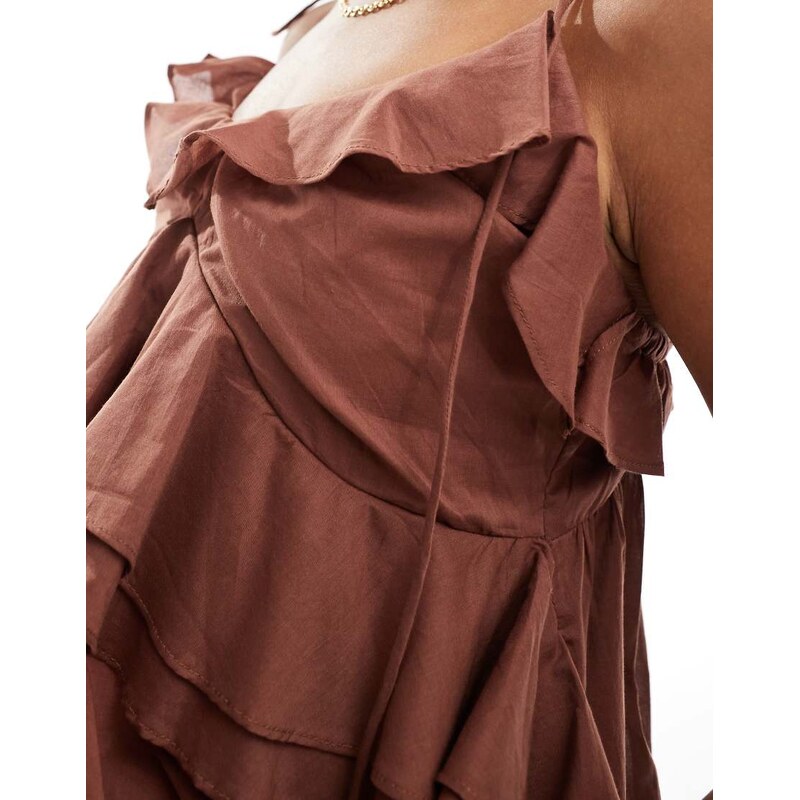 ASOS DESIGN ruffle cami top with tie straps in brown-Yellow