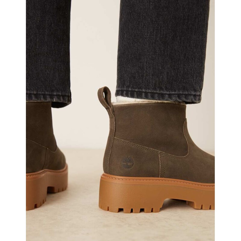 Timberland Stone Street platform borg lined chelsea boots in dark brown leather