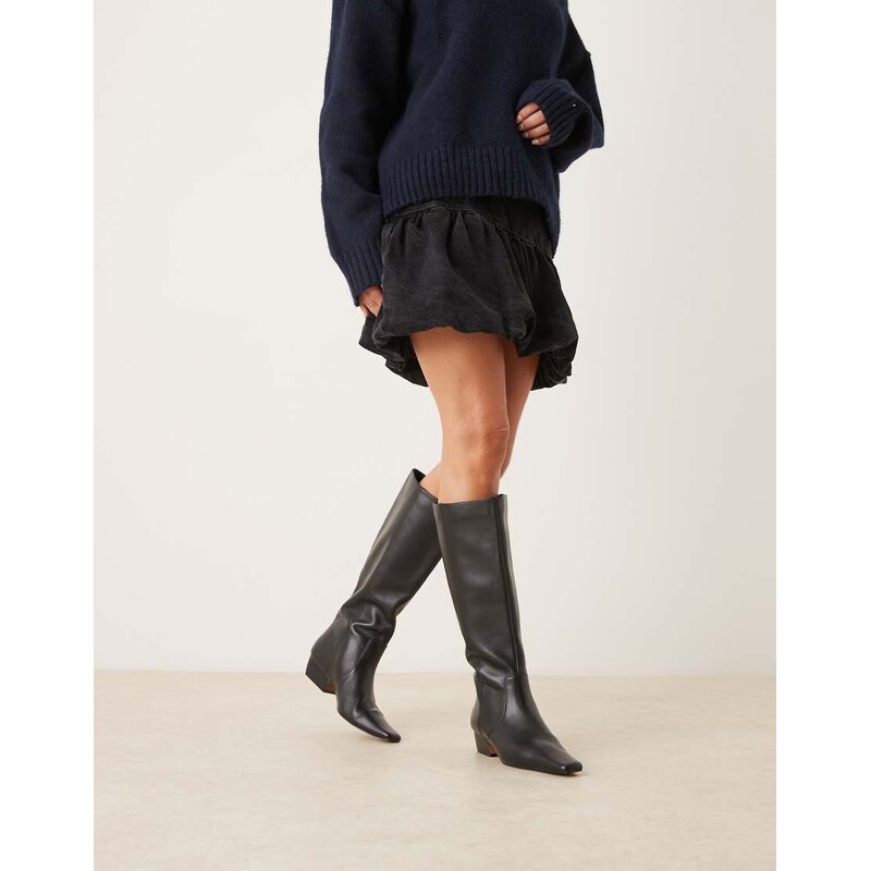 ASOS DESIGN Calais leather pointed flat knee boots in black
