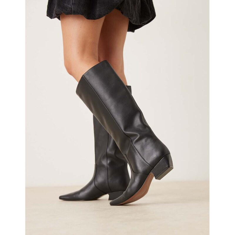 ASOS DESIGN Calais leather pointed flat knee boots in black