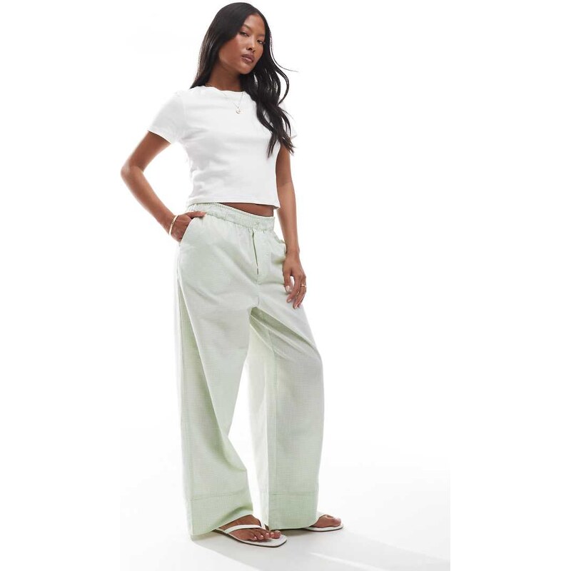ONLY Petite wide leg boxer detail trousers in green gingham
