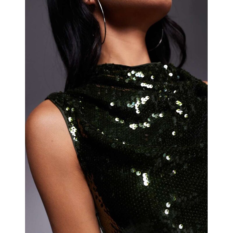 ASOS DESIGN sheer sequin cowl neck co-ord top in olive-Green