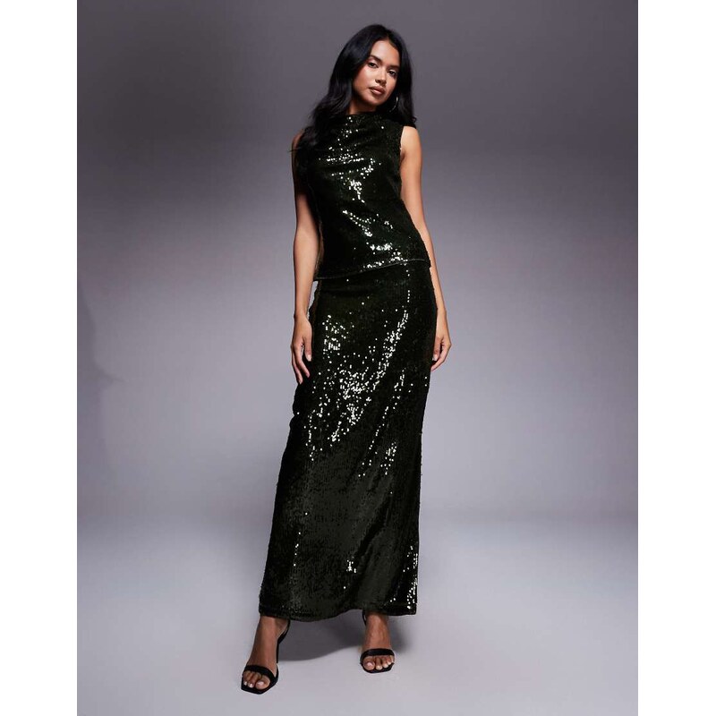 ASOS DESIGN sheer sequin cowl neck co-ord top in olive-Green