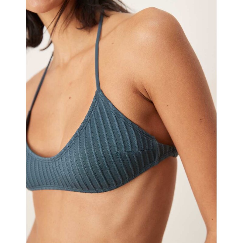 ASOS DESIGN Riddy rib scoop halter bikini top in slate blue-Grey