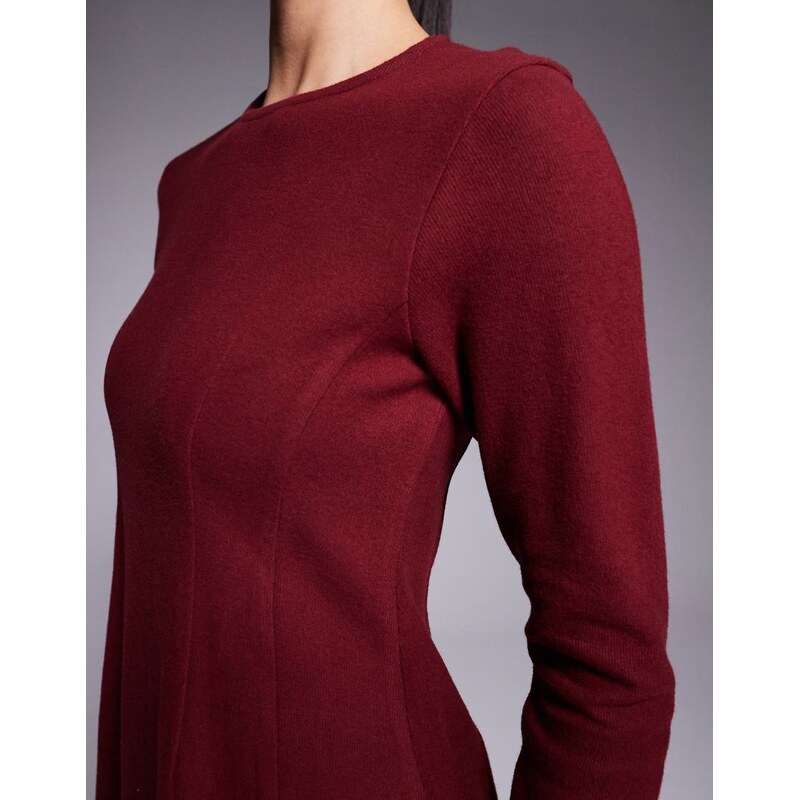 ASOS DESIGN supersoft long sleeve fit and flare mini dress in burgundy-Red