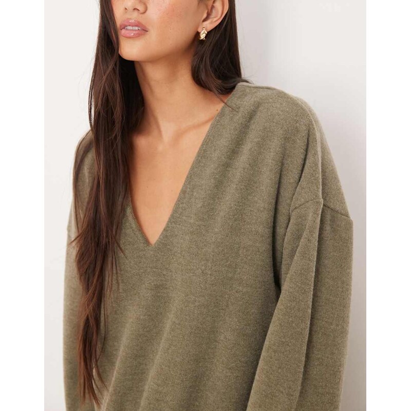 ASOS DESIGN supersoft V front dropped waist mini dress in khaki-Green