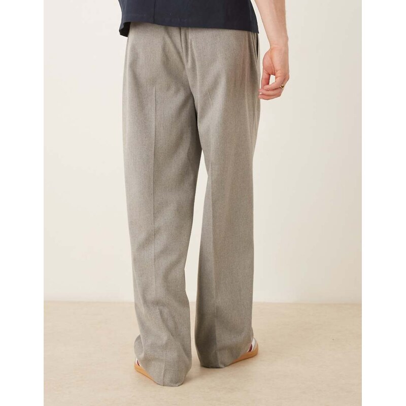 ASOS DESIGN smart wide leg trousers with front pleat in wool look light grey with elasticated waist