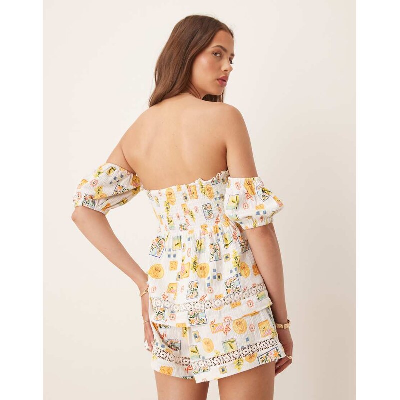 ASOS DESIGN shirred detail bardot top in postcard print-Multi