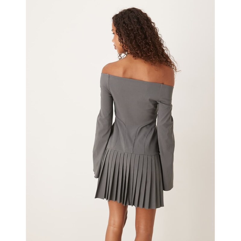 ASOS DESIGN long sleeve pleated skirt mini dress in slate grey