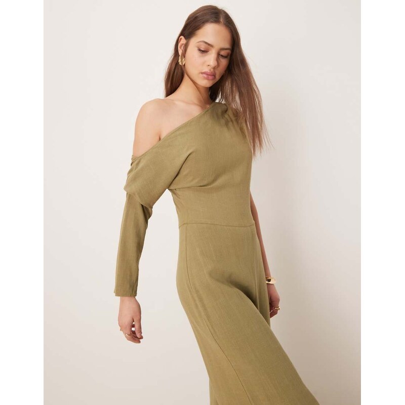 ASOS DESIGN linen fallen shoulder jumpsuit in khaki-Green