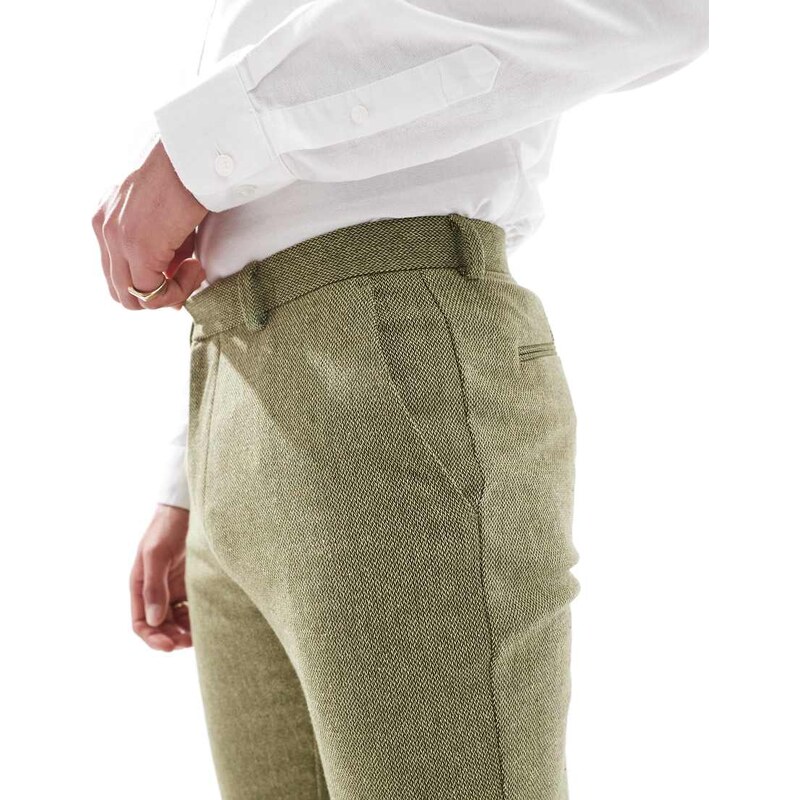 ASOS DESIGN skinny wool mix suit trouser in olive basketweave texture-Green