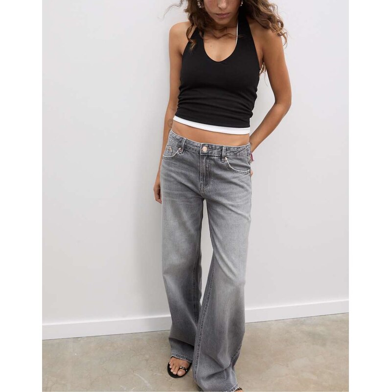 Stradivarius D91 low wide-leg jeans in grey denim wash