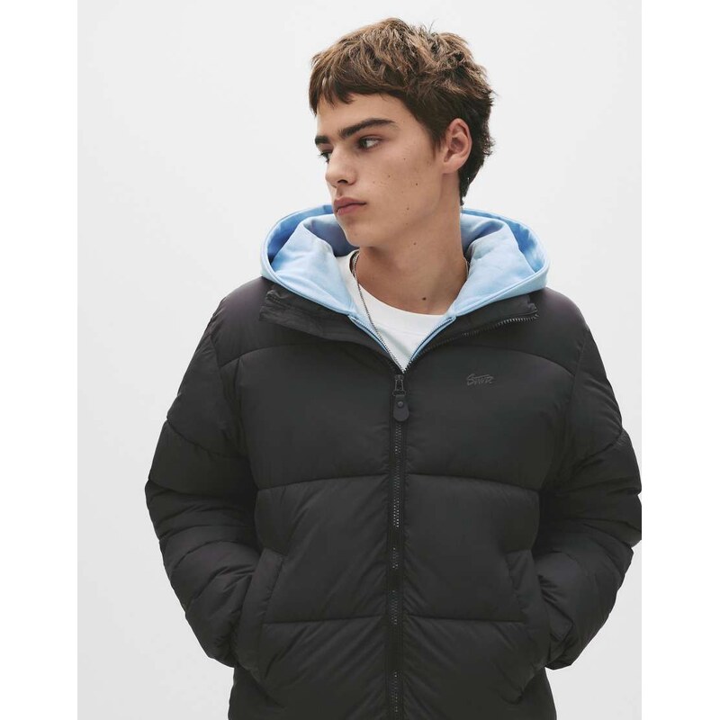 Pull&Bear Stwd hooded puffer jacket in black