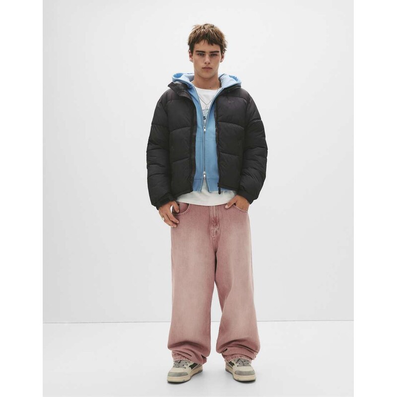 Pull&Bear Stwd hooded puffer jacket in black