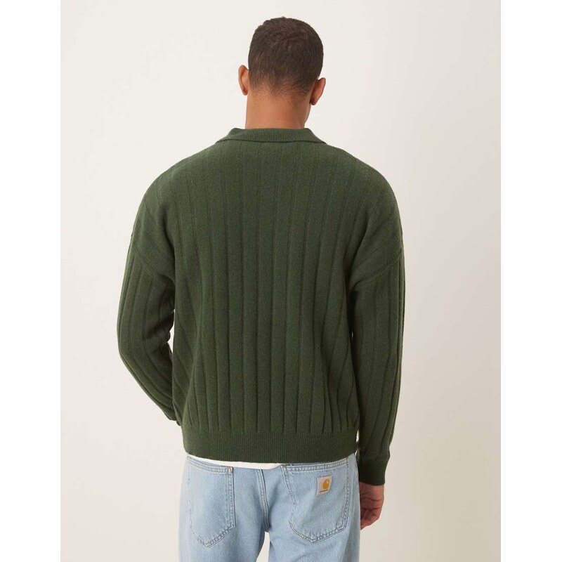 ASOS DESIGN oversized knitted lambswool rib polo in dark green