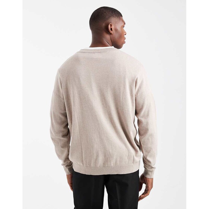 ASOS DESIGN relaxed long sleeve knitted crew neck t-shirt in stone marl-Neutral
