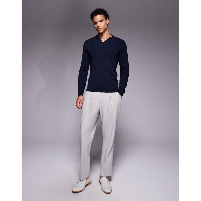 ASOS DESIGN muscle fit long sleeve knitted rib notch neck polo in navy