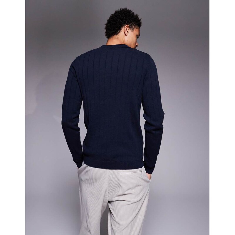 ASOS DESIGN muscle fit long sleeve knitted rib notch neck polo in navy