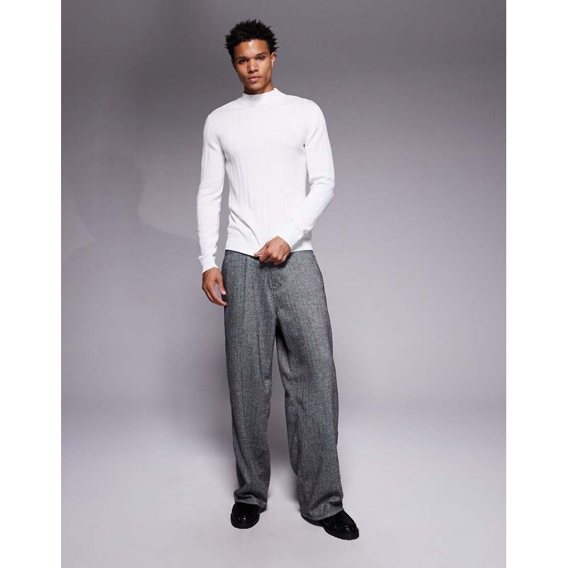 ASOS DESIGN muscle fit long sleeve knitted rib turtle neck t-shirt in white-Neutral