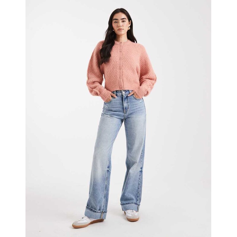 ASOS DESIGN crew neck cardigan with stitch detail in light pink