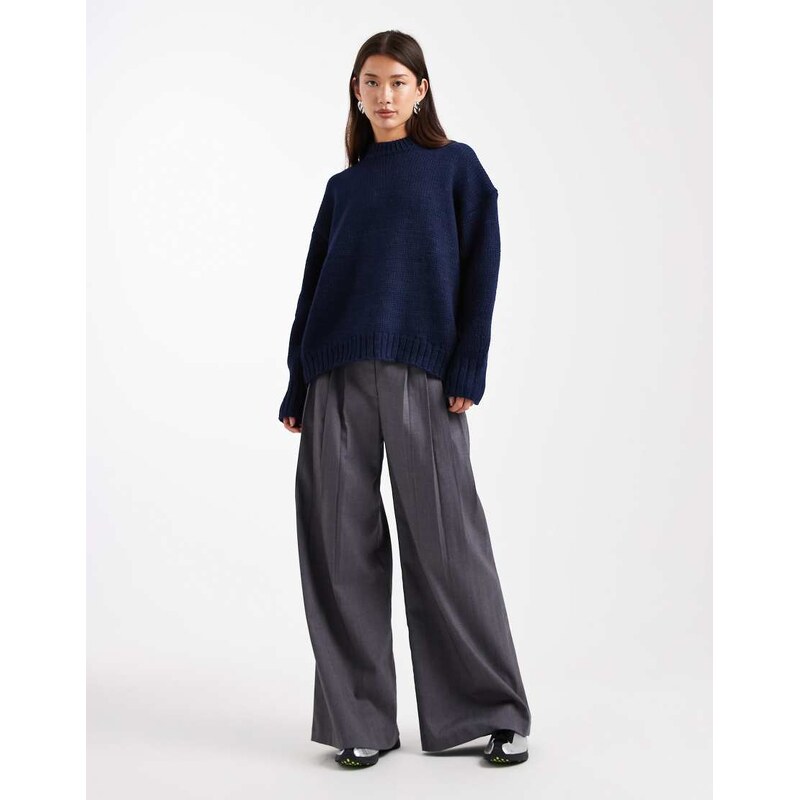 ASOS DESIGN super oversized chunky crew neck jumper with curved hem in navy