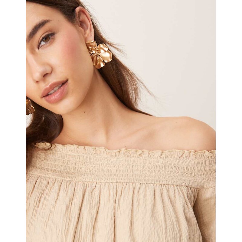 ASOS DESIGN crinkle off shoulder balloon sleeve top in stone-Neutral