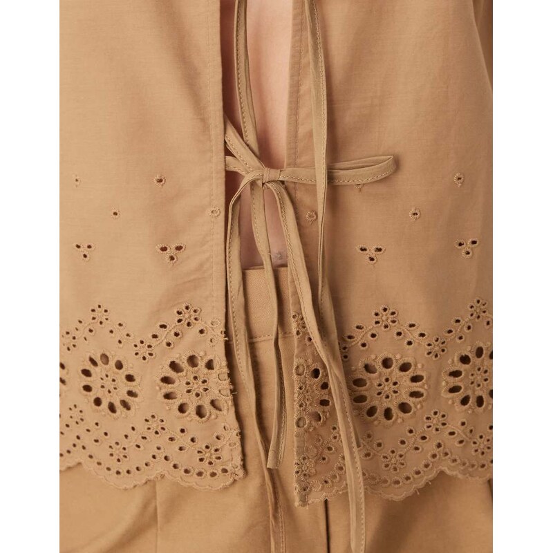 Vila cutwork embroidered poplin tie front vest co-ord in tobacco-White