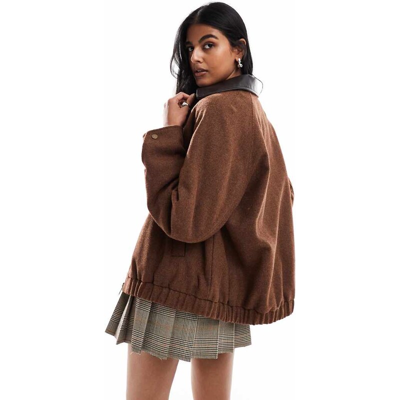 ASOS DESIGN wool blend heritage leather look collar bomber in chocolate-Brown