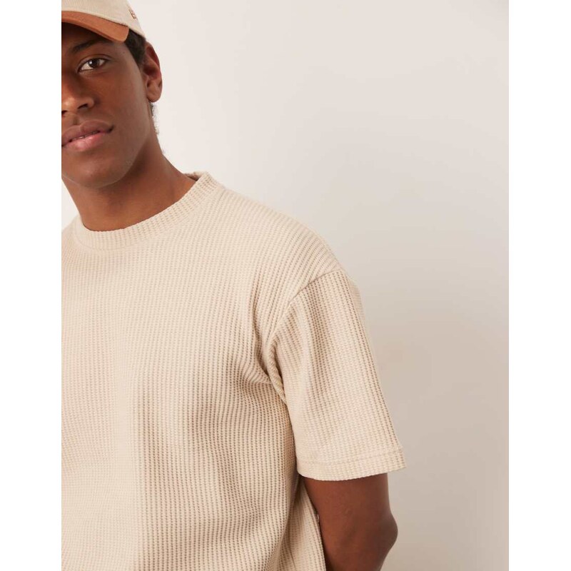 Selected co-ord oversized waffle t-shirt in cream-White