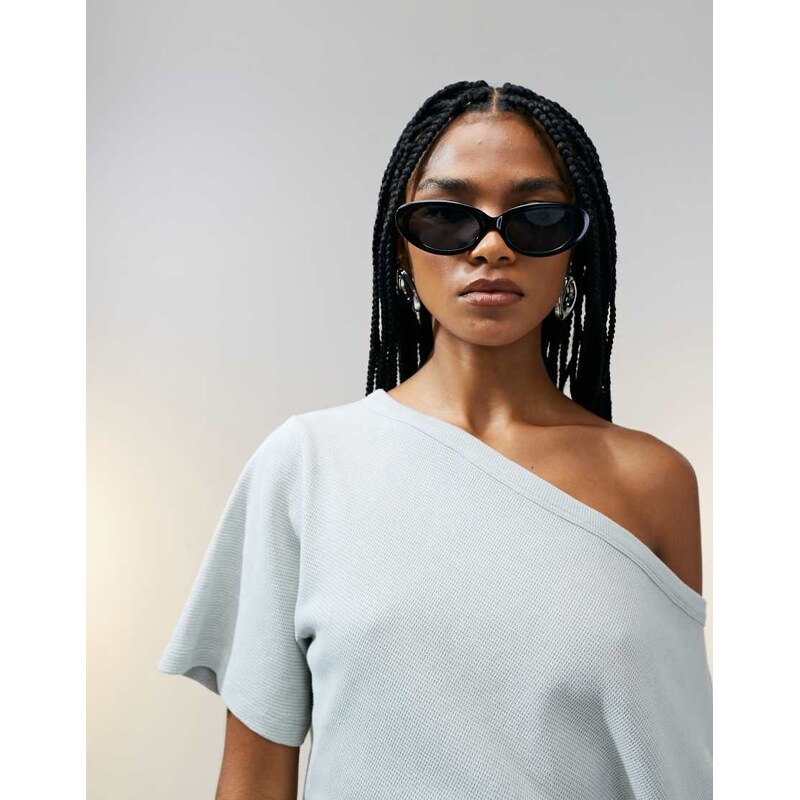 ASOS DESIGN off shoulder cinched waist waffle t-shirt in washed sage-Green