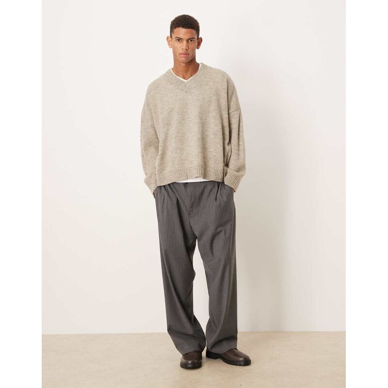 ASOS DESIGN super oversized boxy fit knitted v-neck jumper in taupe-Brown