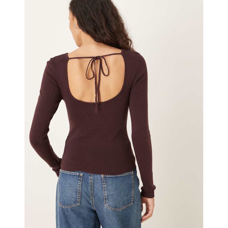 ASOS DESIGN knitted tie back fine gauge top in plum-Purple