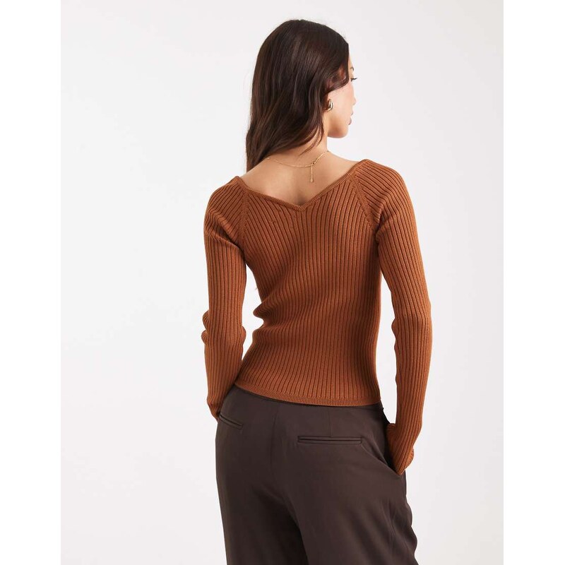 ASOS DESIGN knitted structured v neck top in toffee-Brown